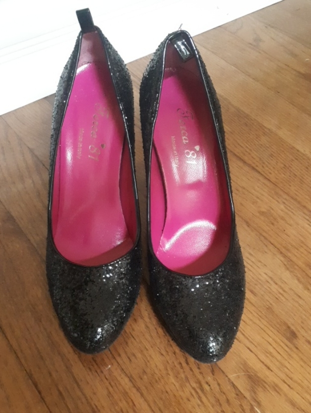 New Ferca 81 Black Glitter Heels with Pink Insole - Women's Dress Pumps